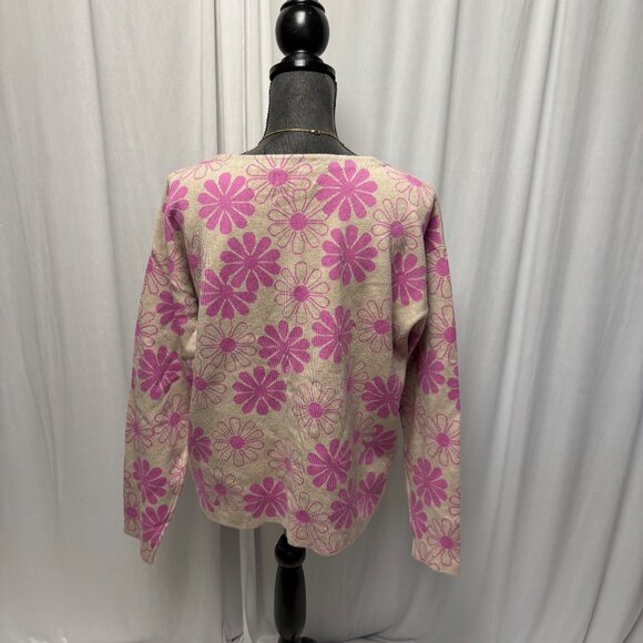 Rachel Zoe Sweater Womens Sz Large Pink Beige Floral Long Sleeve Retro Whimsical - Picture 4 of 7